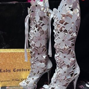Lady Couture Sparkling Silver Floral Heeled Boots